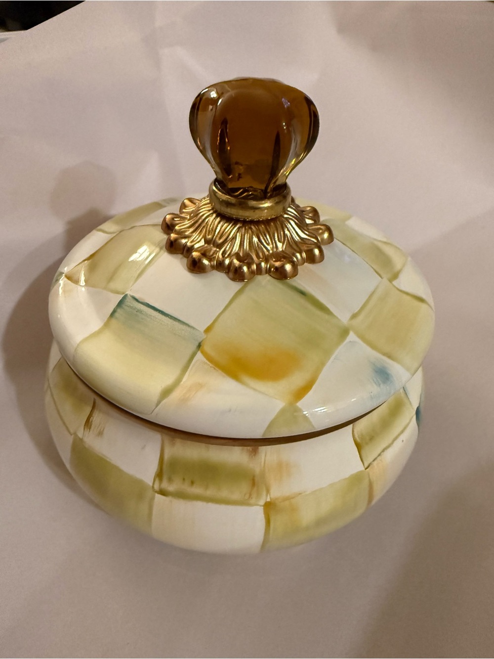 MacKenzie-Childs Cream and Green Parchment Check Enamel Squashed Pot